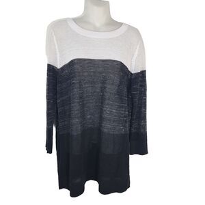 T by Talbots Womens Tunic Sweater Large Black Gray White Color Block Open Knit